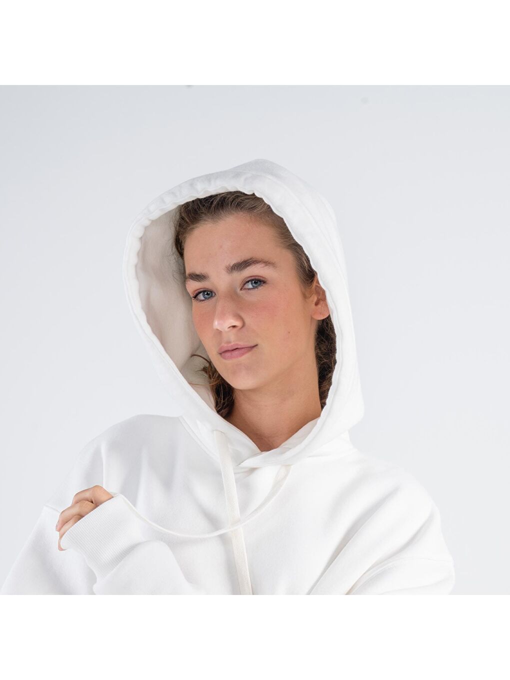 Kadın Kırık Beyaz Kapüşonlu Oversize Sweatshirt Hoodie-3