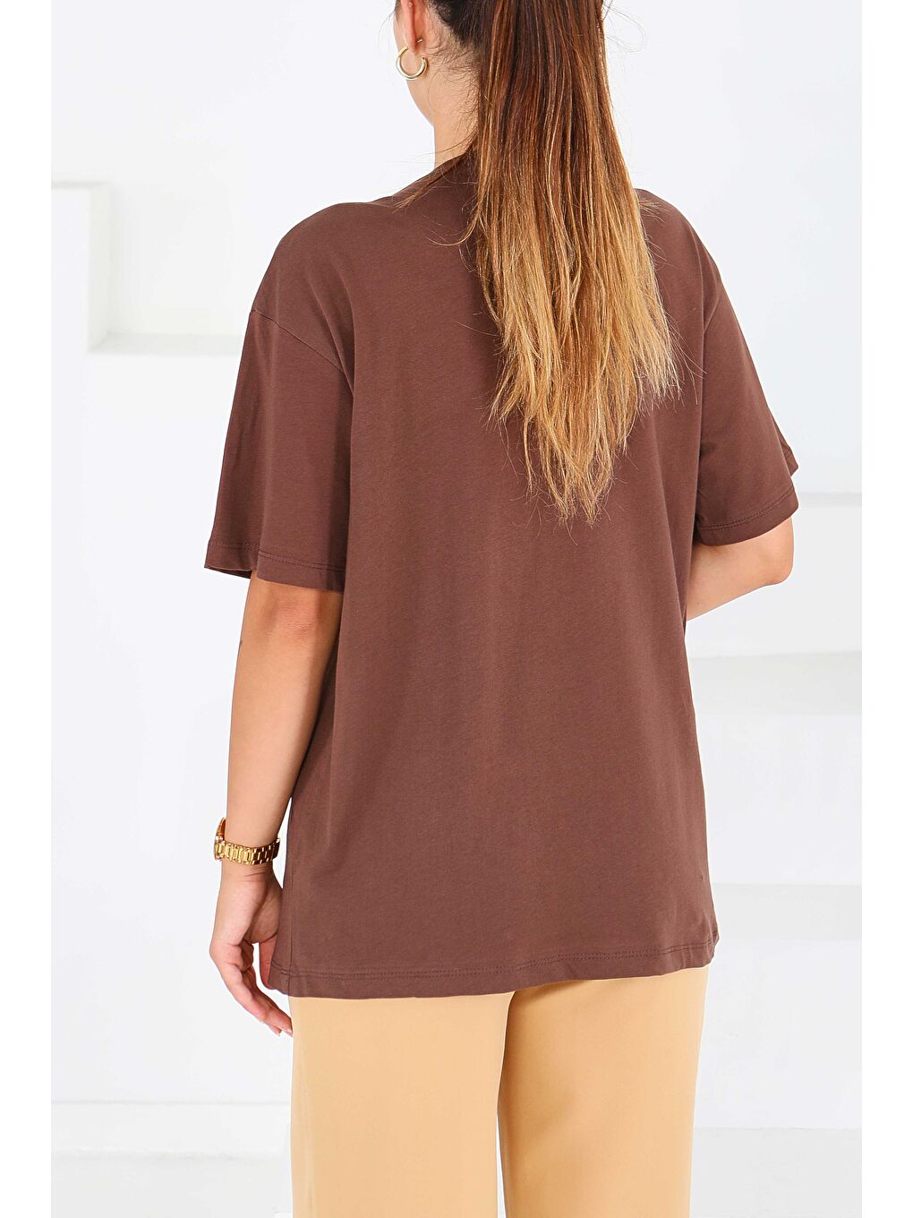 Kahverengi İncili Kısa Kollu T-Şhirt Kahve - 27543-3