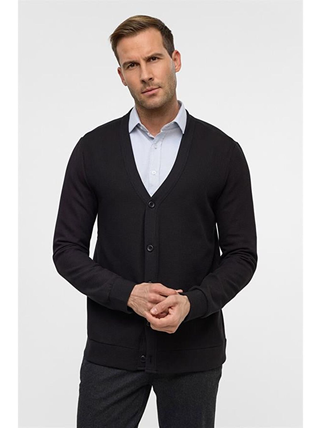 Siyah Regular Düz V Yaka Hırka-1