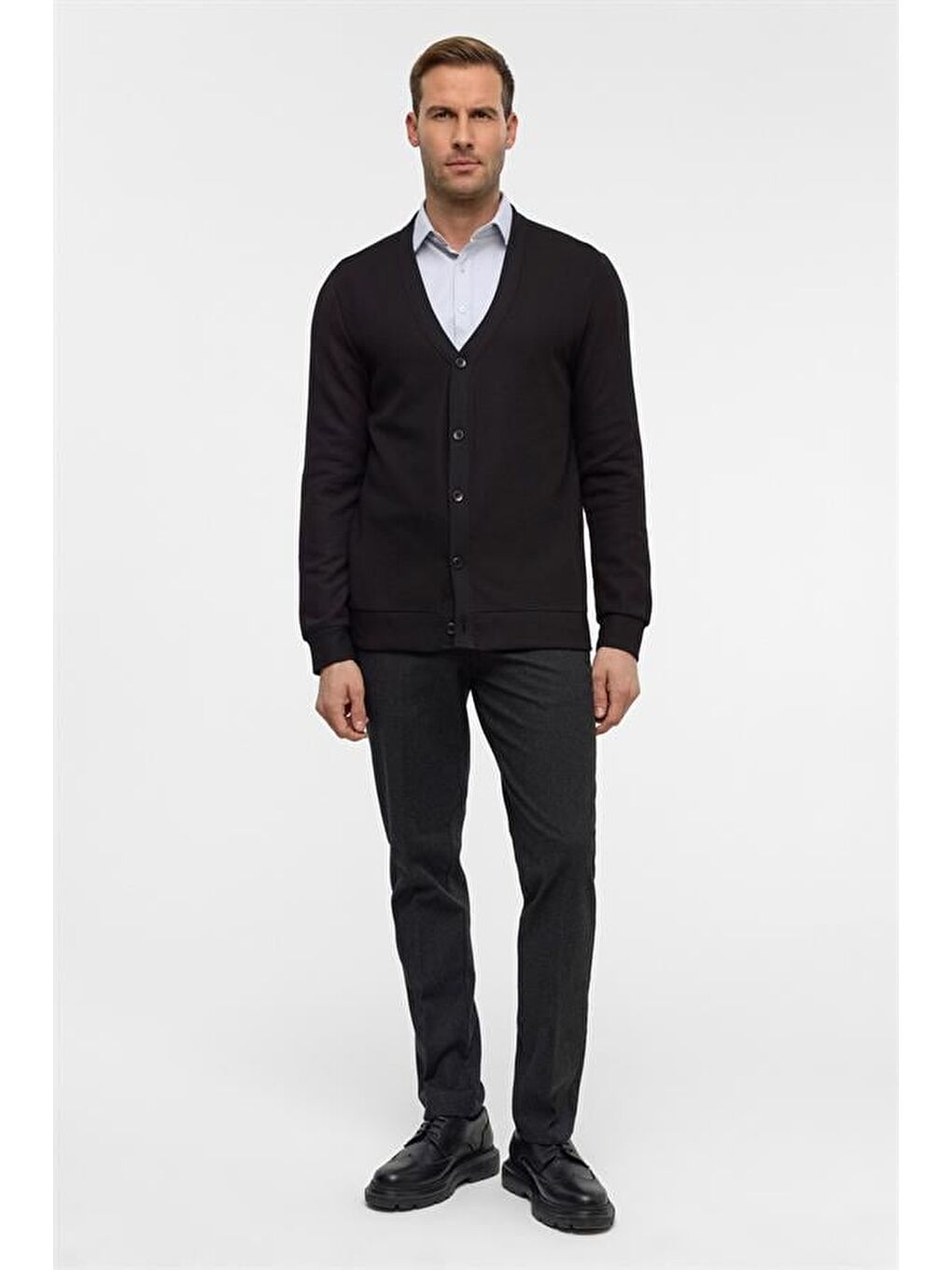 Siyah Regular Düz V Yaka Hırka-5