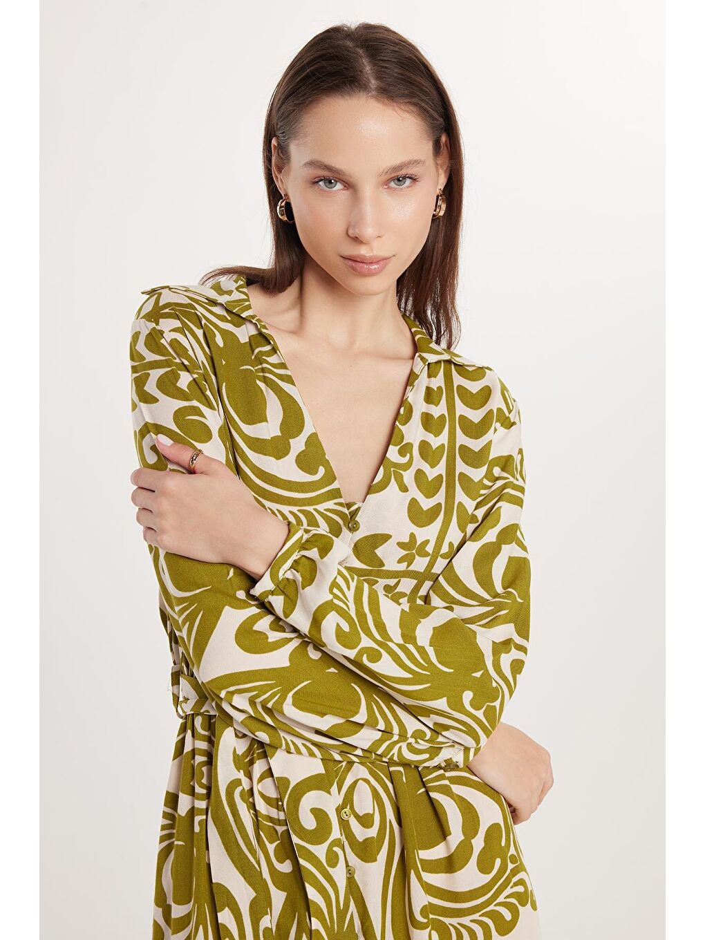 Karışık Kadın Slim Fit V Yaka Balon Manşet Elbise-1