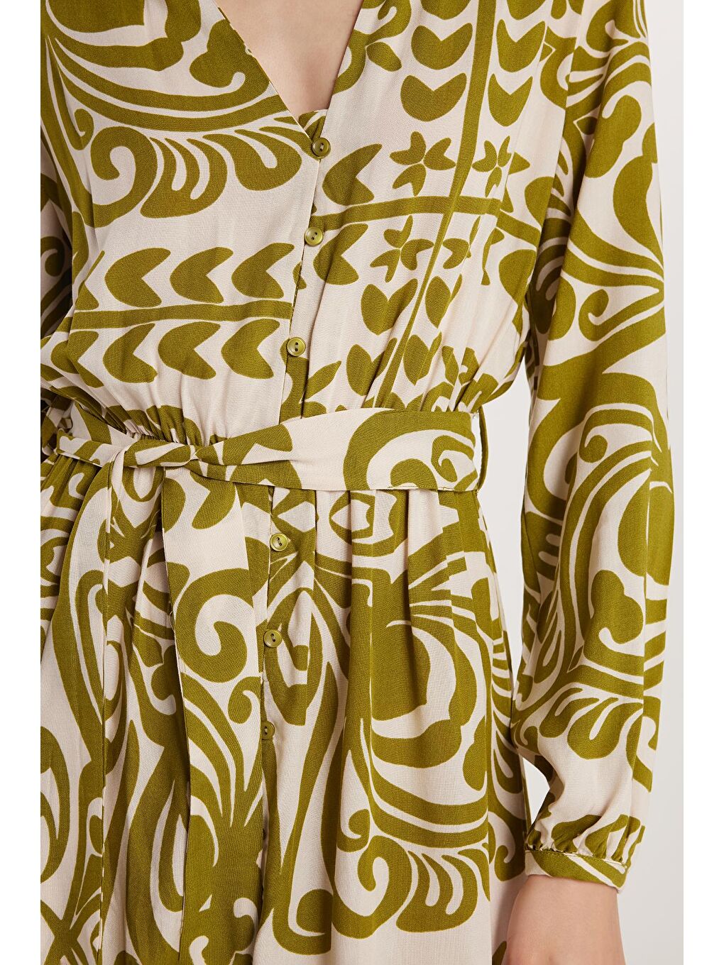 Karışık Kadın Slim Fit V Yaka Balon Manşet Elbise-2