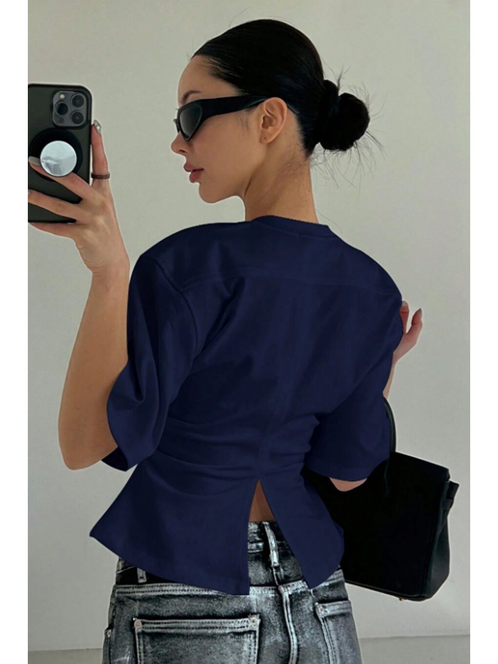 Lacivert Kadın Kısa Kollu Sırt Dekolteli Slim Fit Bluz/T-Shirt-1