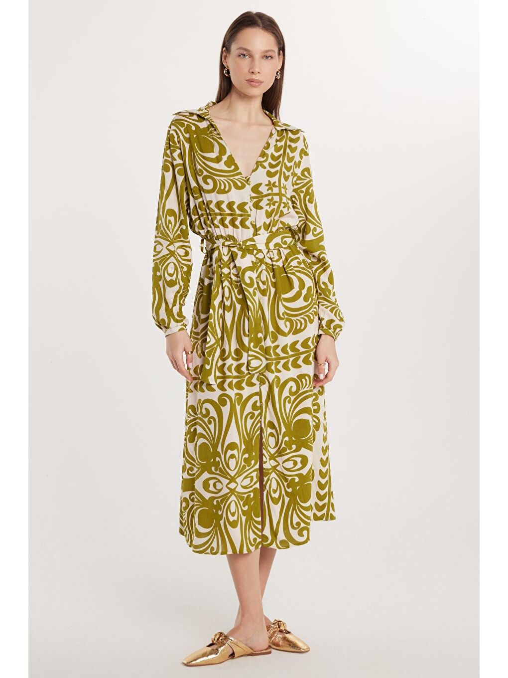 Karışık Kadın Slim Fit V Yaka Balon Manşet Elbise-3