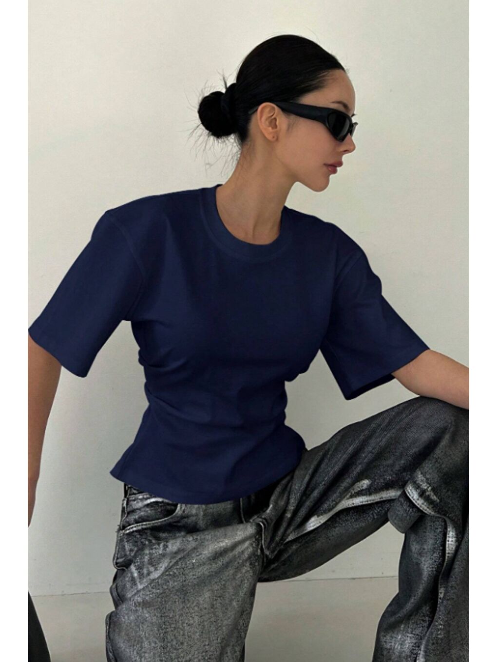 Lacivert Kadın Kısa Kollu Sırt Dekolteli Slim Fit Bluz/T-Shirt-2