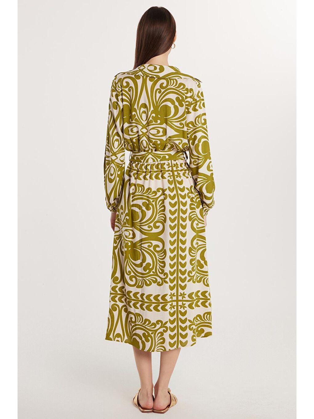 Karışık Kadın Slim Fit V Yaka Balon Manşet Elbise-4