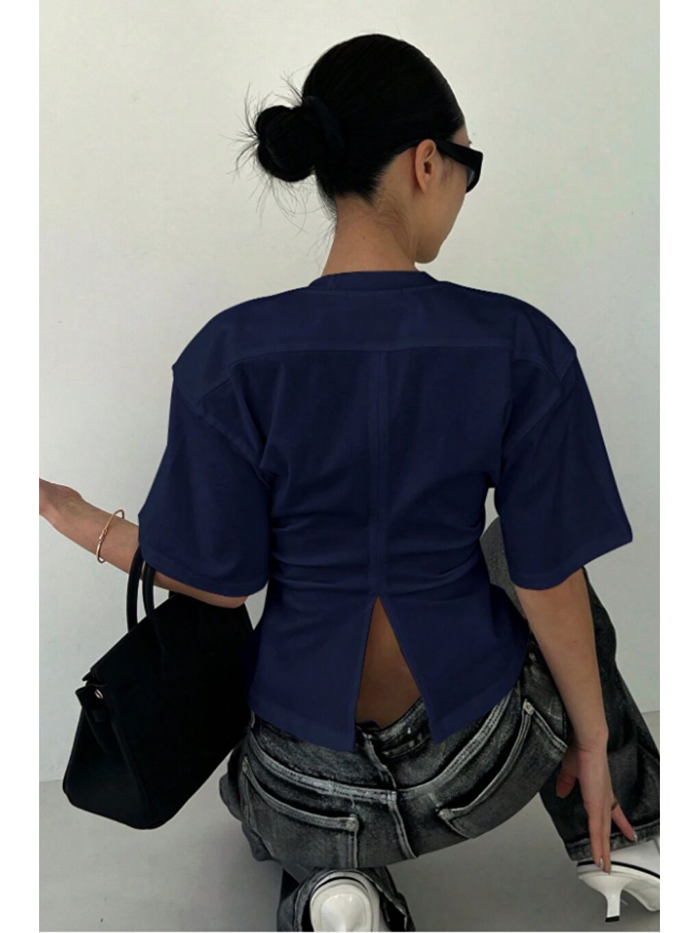 Lacivert Kadın Kısa Kollu Sırt Dekolteli Slim Fit Bluz/T-Shirt-3