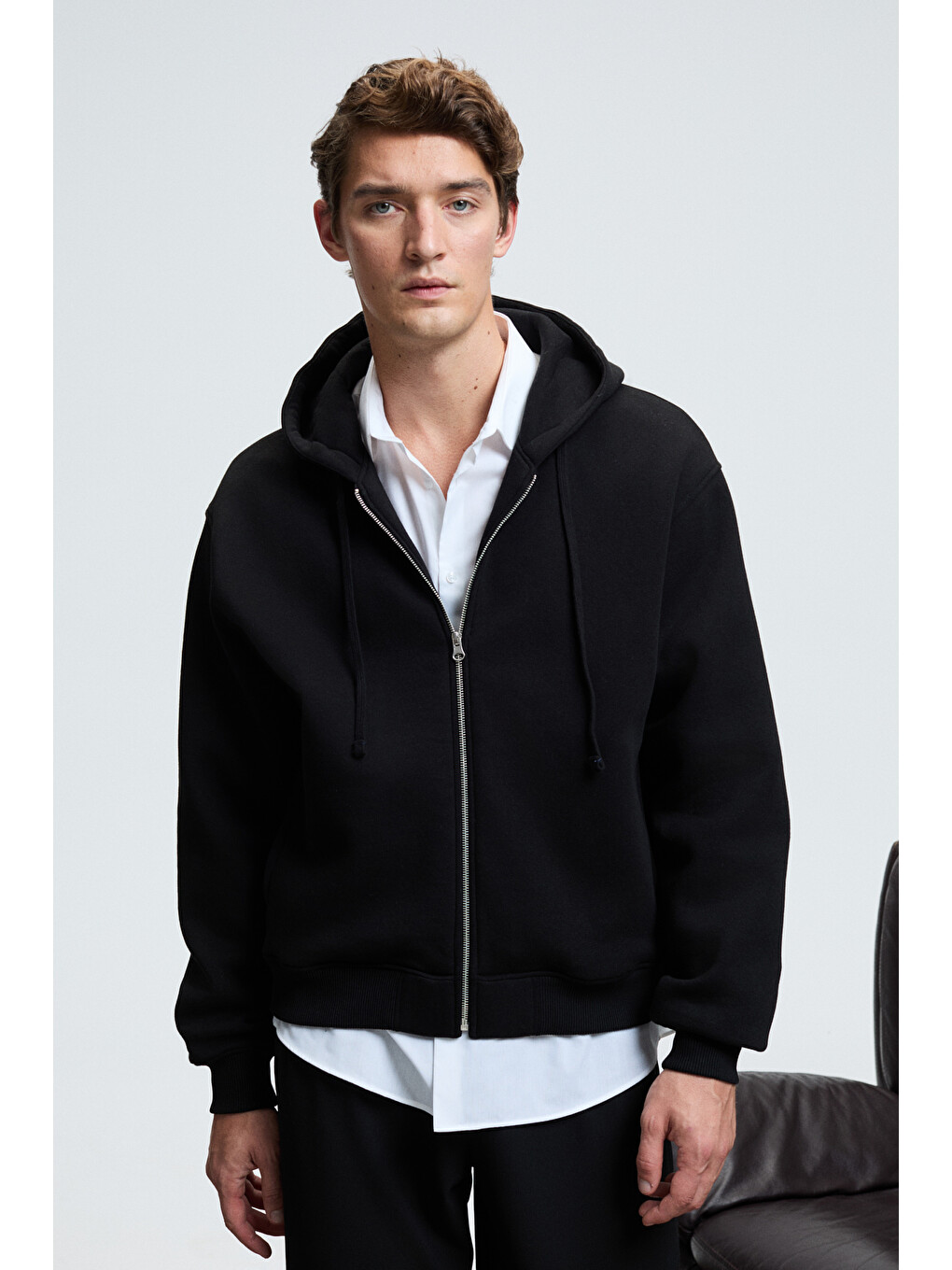 Erkek Kapüşonlu Fermuarlı Cepli Kordonlu Boxy Kalıp Siyah Sweatshirt-2