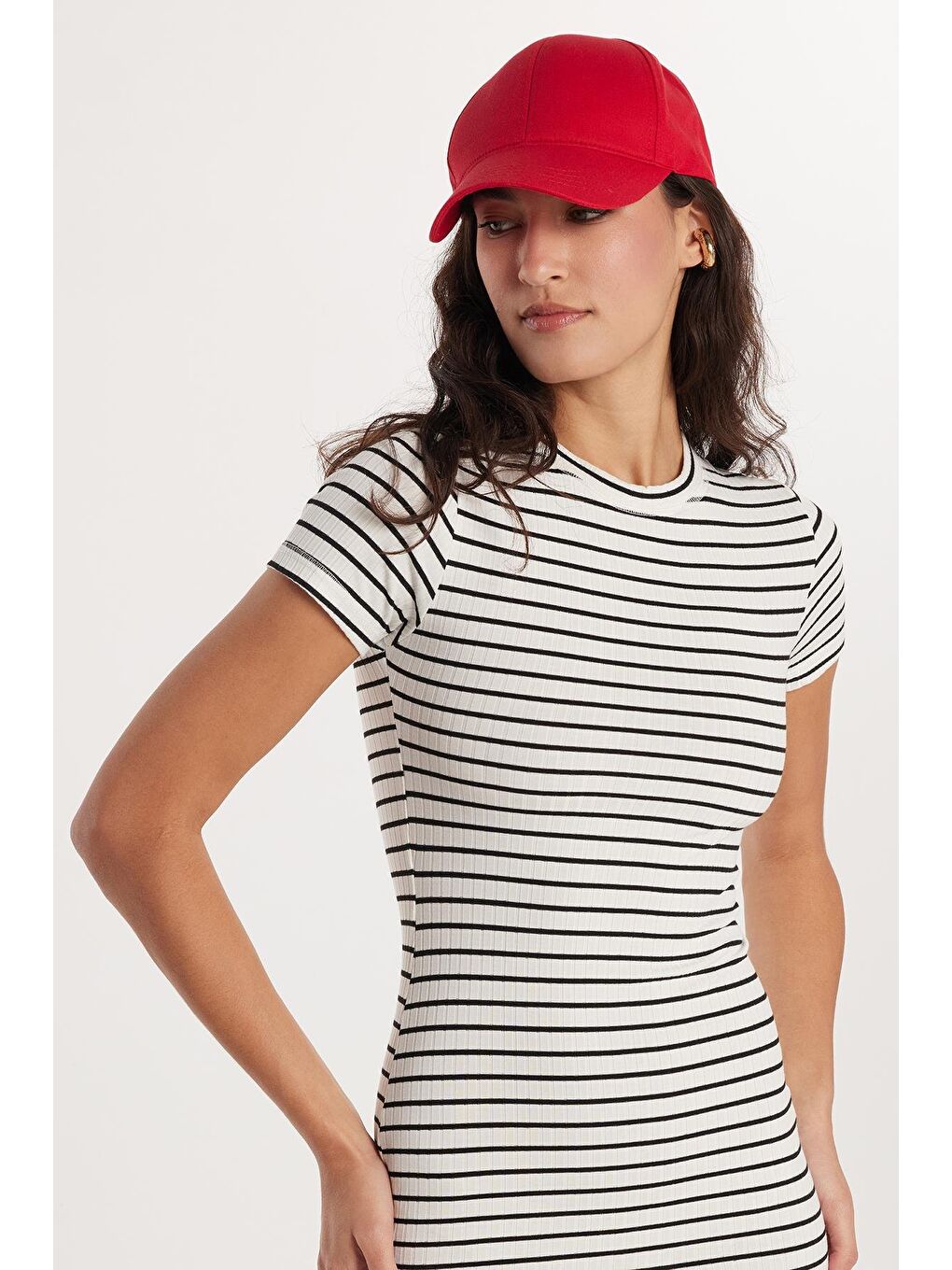 Karışık Kadın Slim Fit Dar Kesim Kısa Kollu Bisiklet Yaka Çizgili Elbise