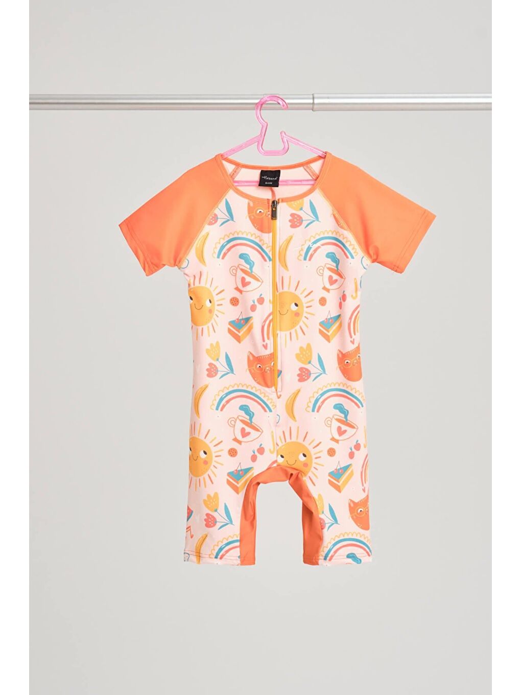 Kısa Kol Fermuarlı Turuncu Kız Çocuk Yüzücü Tulumu 3090
