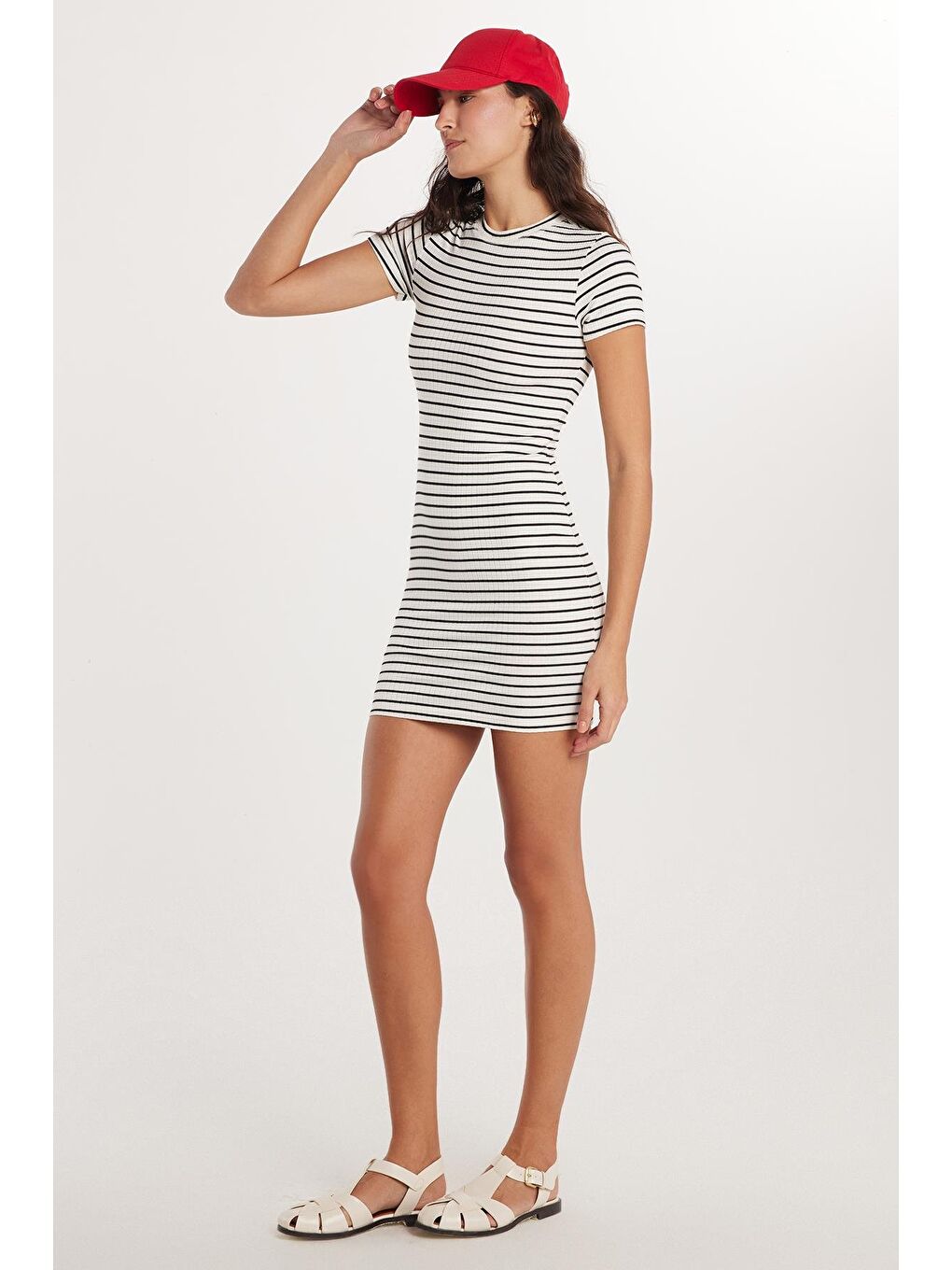 Karışık Kadın Slim Fit Dar Kesim Kısa Kollu Bisiklet Yaka Çizgili Elbise-2