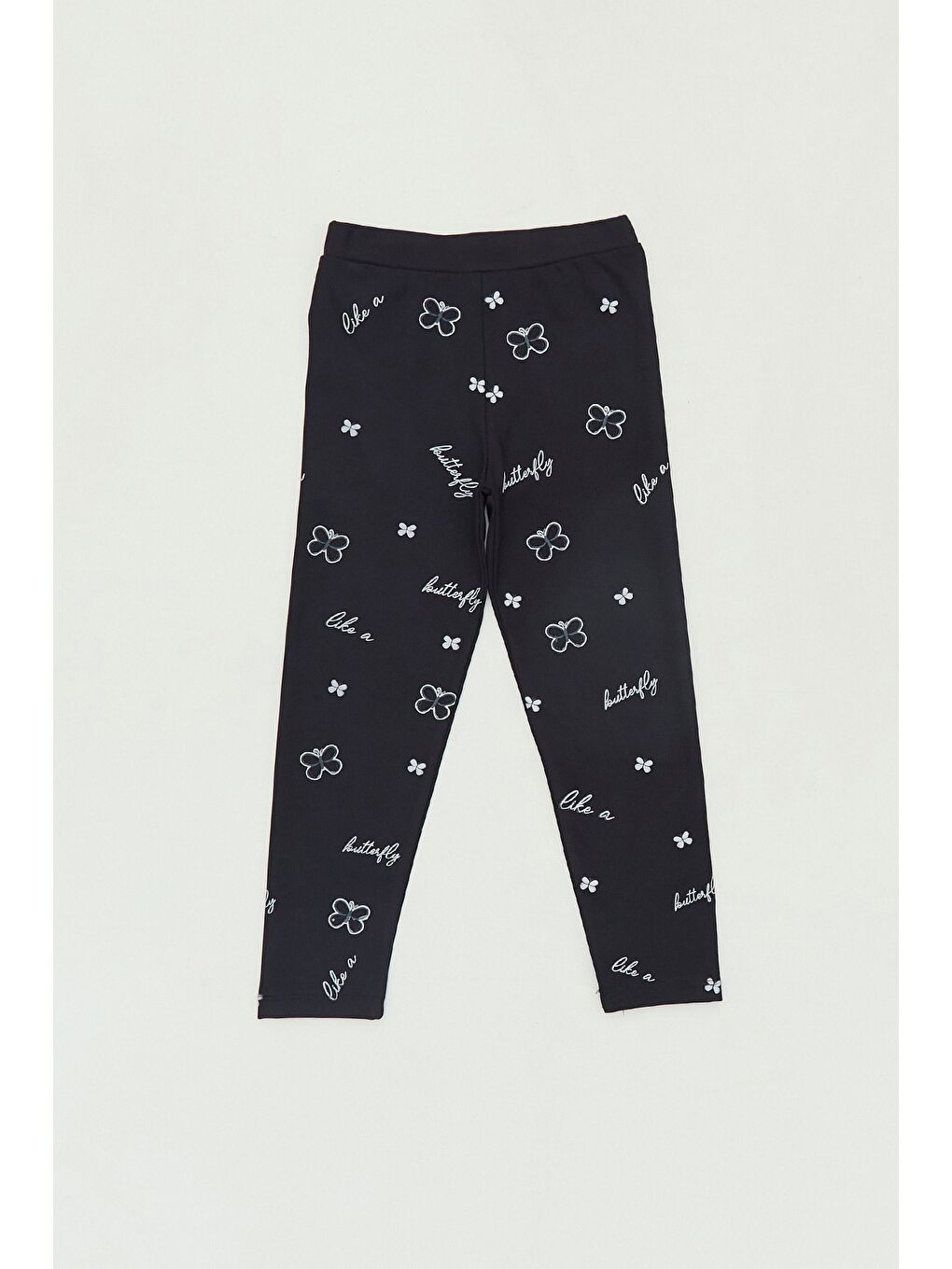 Siyah Kelebek Baskılı Beli Lastikli Kız Çocuk Tayt