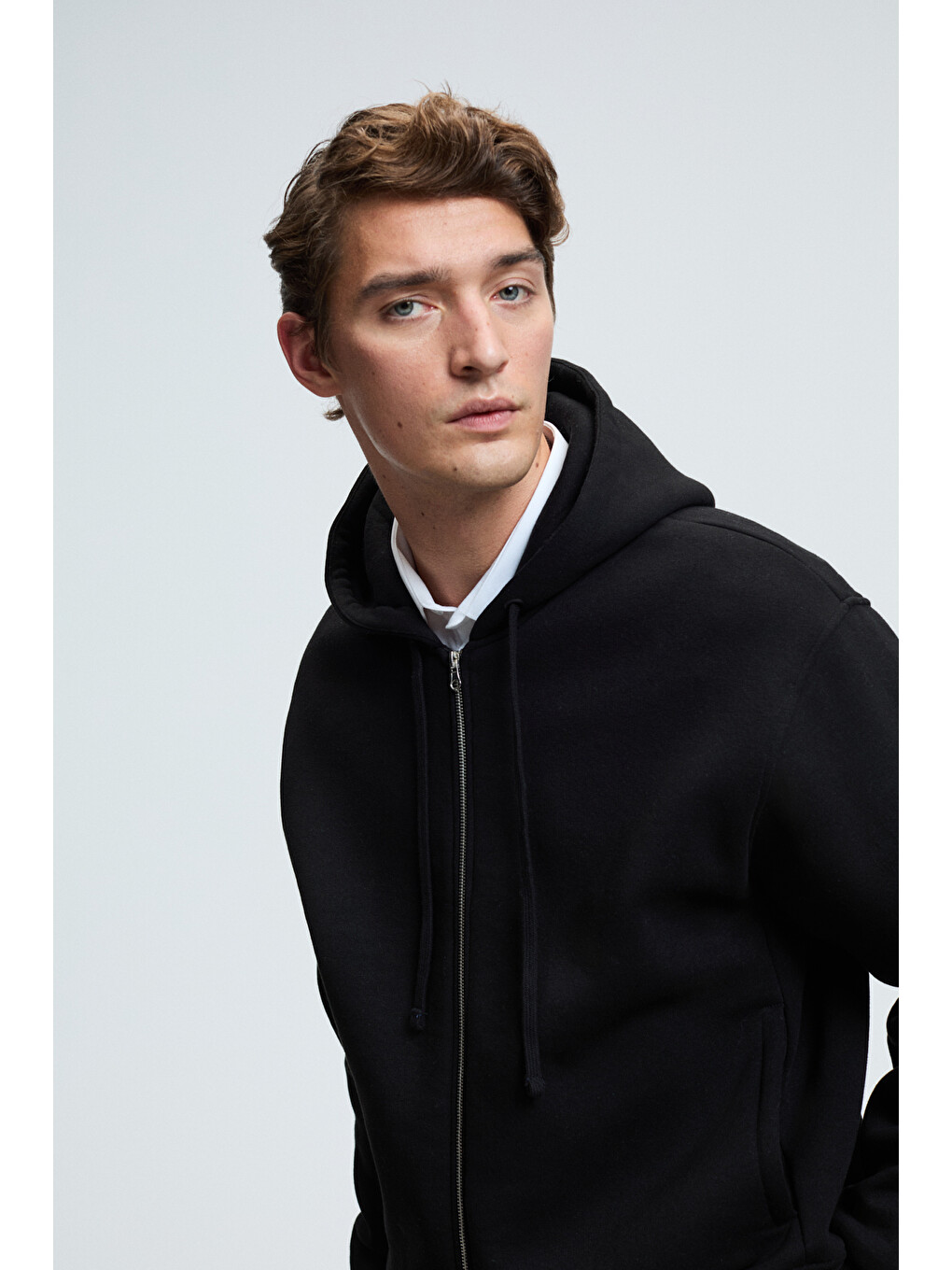 Erkek Kapüşonlu Fermuarlı Cepli Kordonlu Boxy Kalıp Siyah Sweatshirt-3