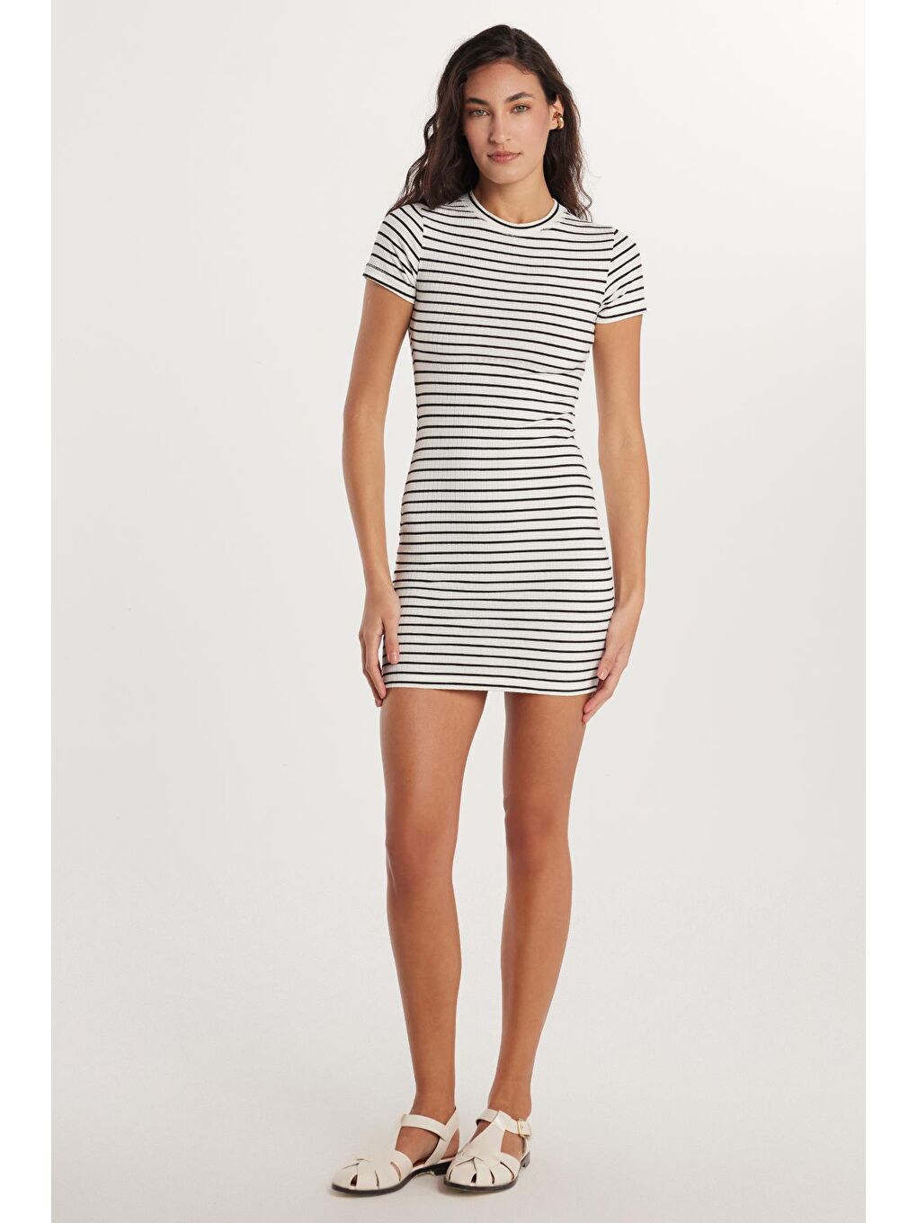 Karışık Kadın Slim Fit Dar Kesim Kısa Kollu Bisiklet Yaka Çizgili Elbise-3