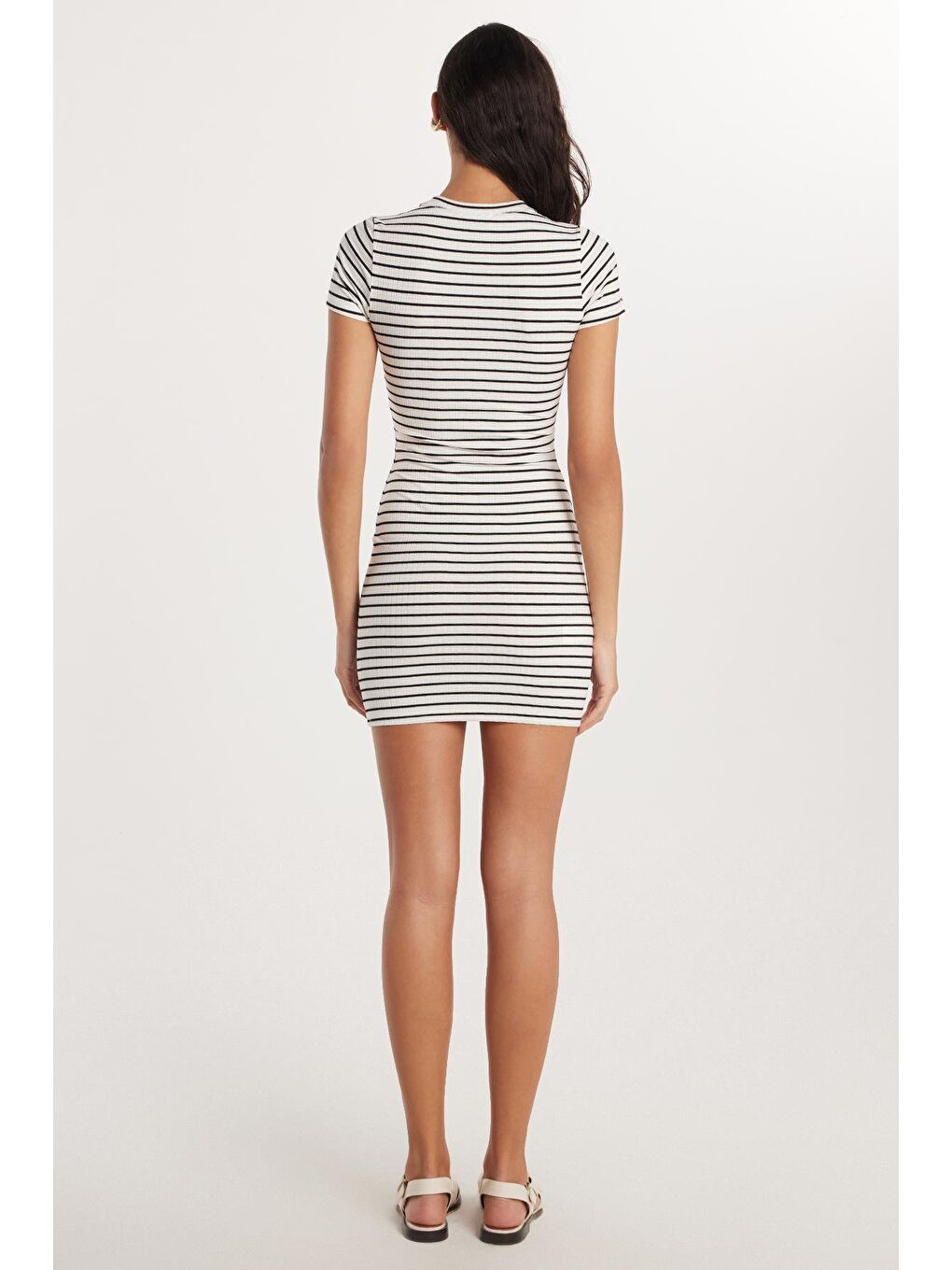 Karışık Kadın Slim Fit Dar Kesim Kısa Kollu Bisiklet Yaka Çizgili Elbise-4
