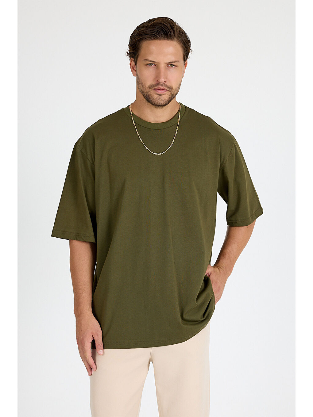 Erkek Timeless Oversize Haki T-Shirt-1