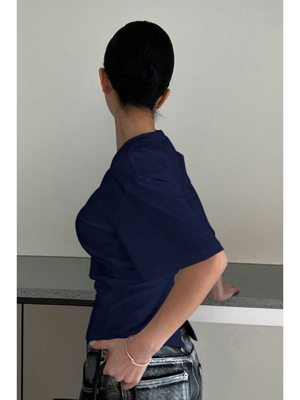 Lacivert Kadın Kısa Kollu Sırt Dekolteli Slim Fit Bluz/T-Shirt-5