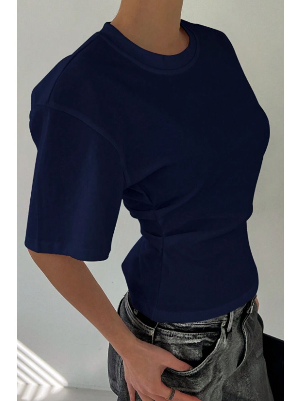 Lacivert Kadın Kısa Kollu Sırt Dekolteli Slim Fit Bluz/T-Shirt-6