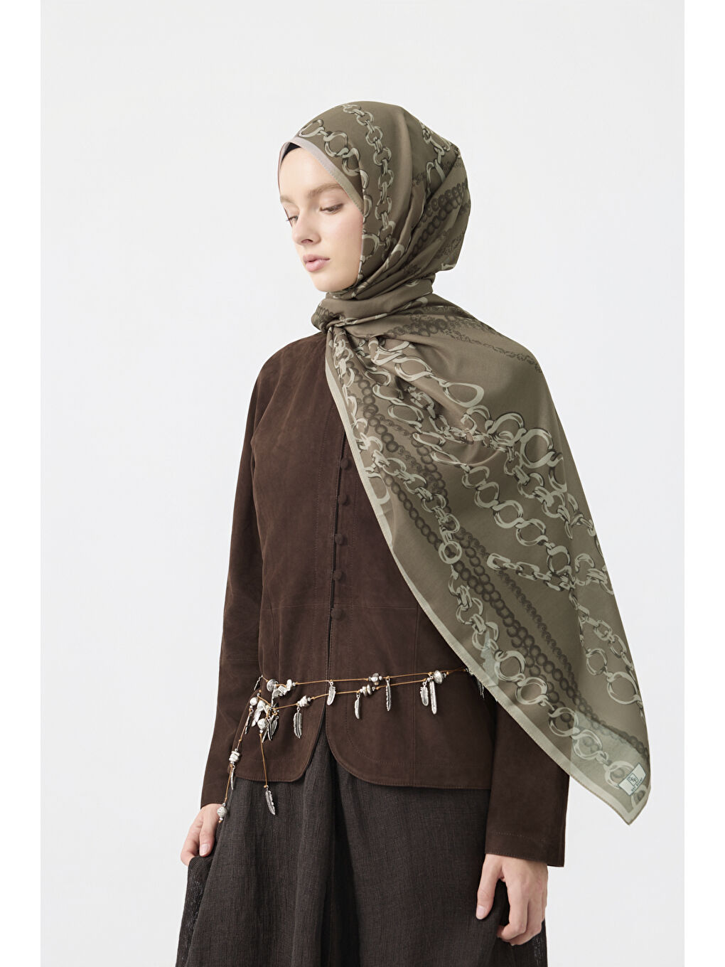 Kahverengi Pamuk Twill Şal Loop Line Sütlü Kahve-1
