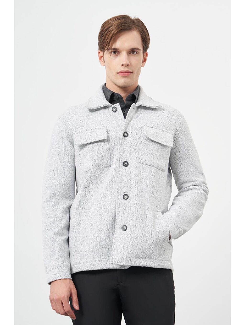 Gri Örme Ceket Yaka Jakarlı Desen Yırtmaçsız Astarsız Slim Fit Classic Mont 1007245161