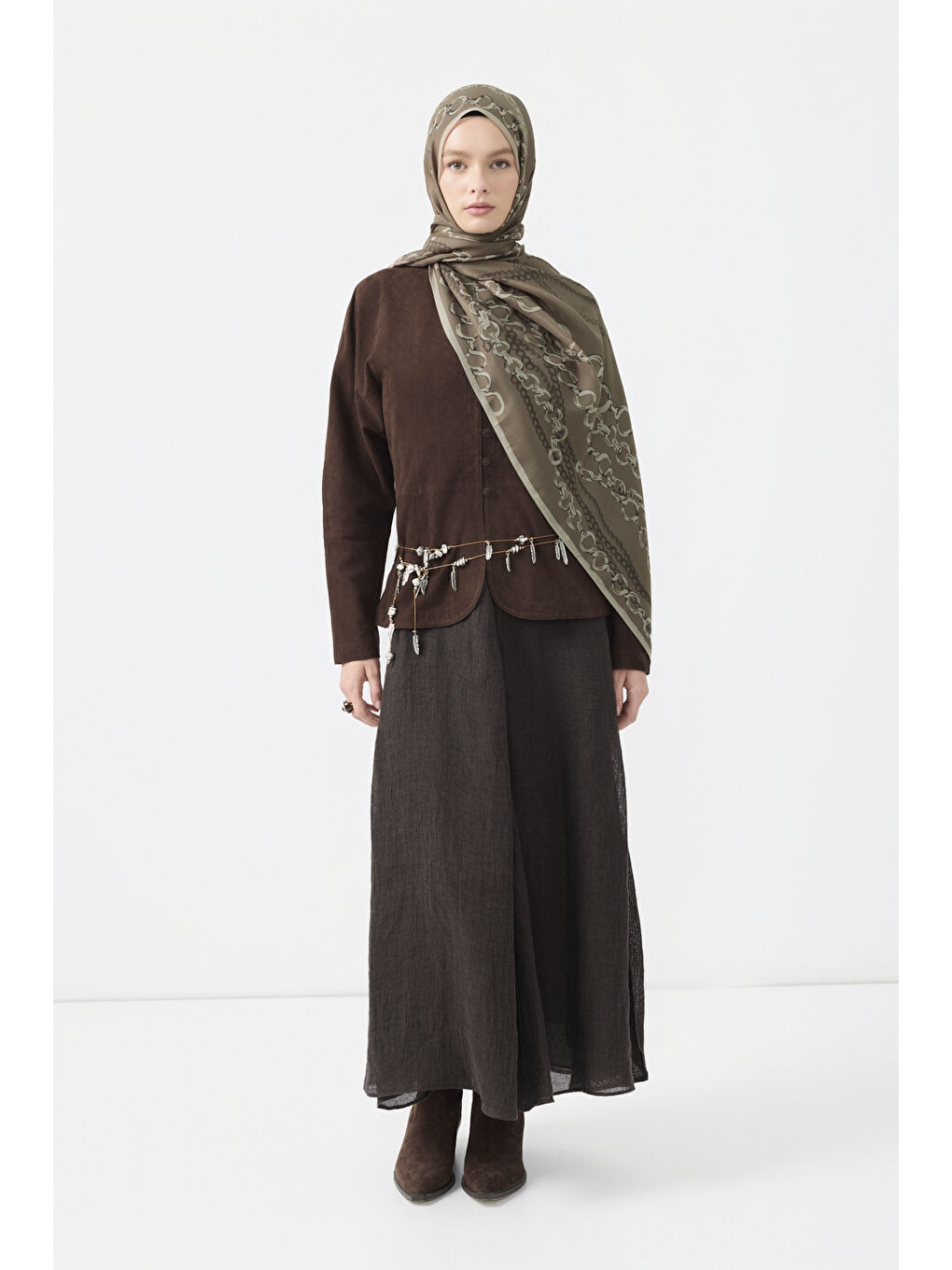Kahverengi Pamuk Twill Şal Loop Line Sütlü Kahve-2