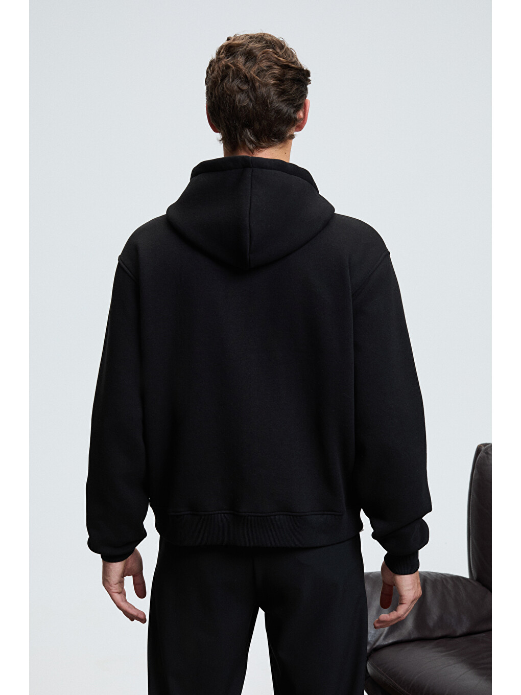Erkek Kapüşonlu Fermuarlı Cepli Kordonlu Boxy Kalıp Siyah Sweatshirt-4