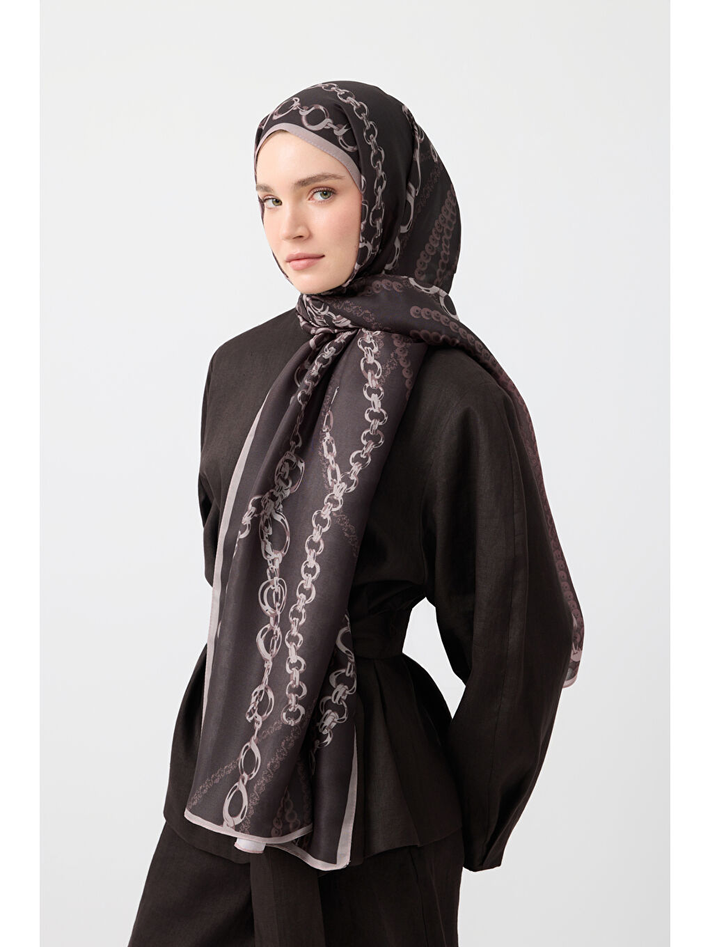 Kahverengi Pamuk Twill Şal Loop Line Kahve