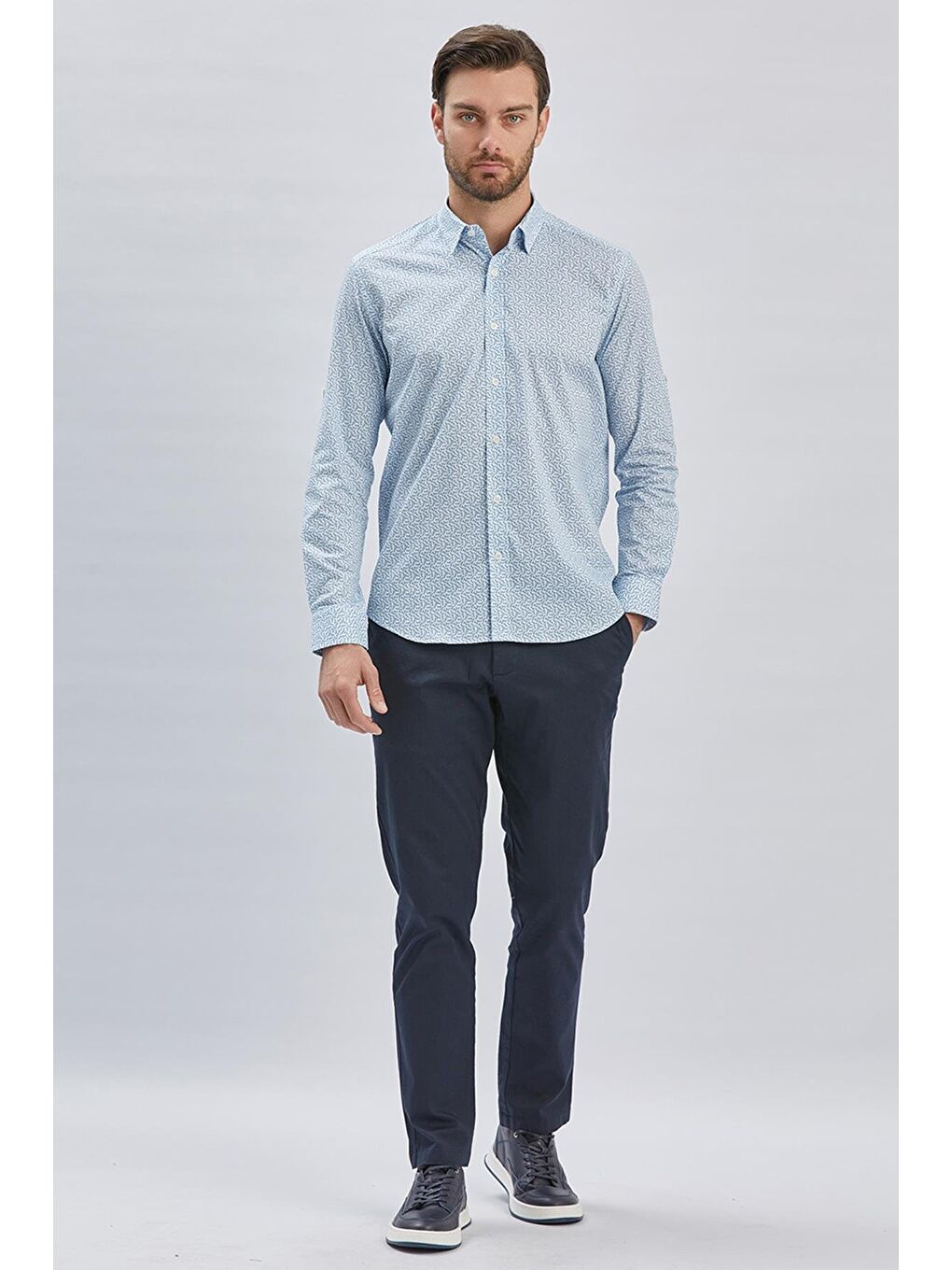 Mavi Kısalabilir Kol Baskılı Cepsiz %97 Pamuk %3 Elastane Klasik Slim Fit Gömlek 1004240116
