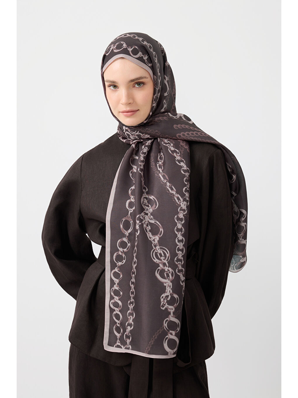 Kahverengi Pamuk Twill Şal Loop Line Kahve-1