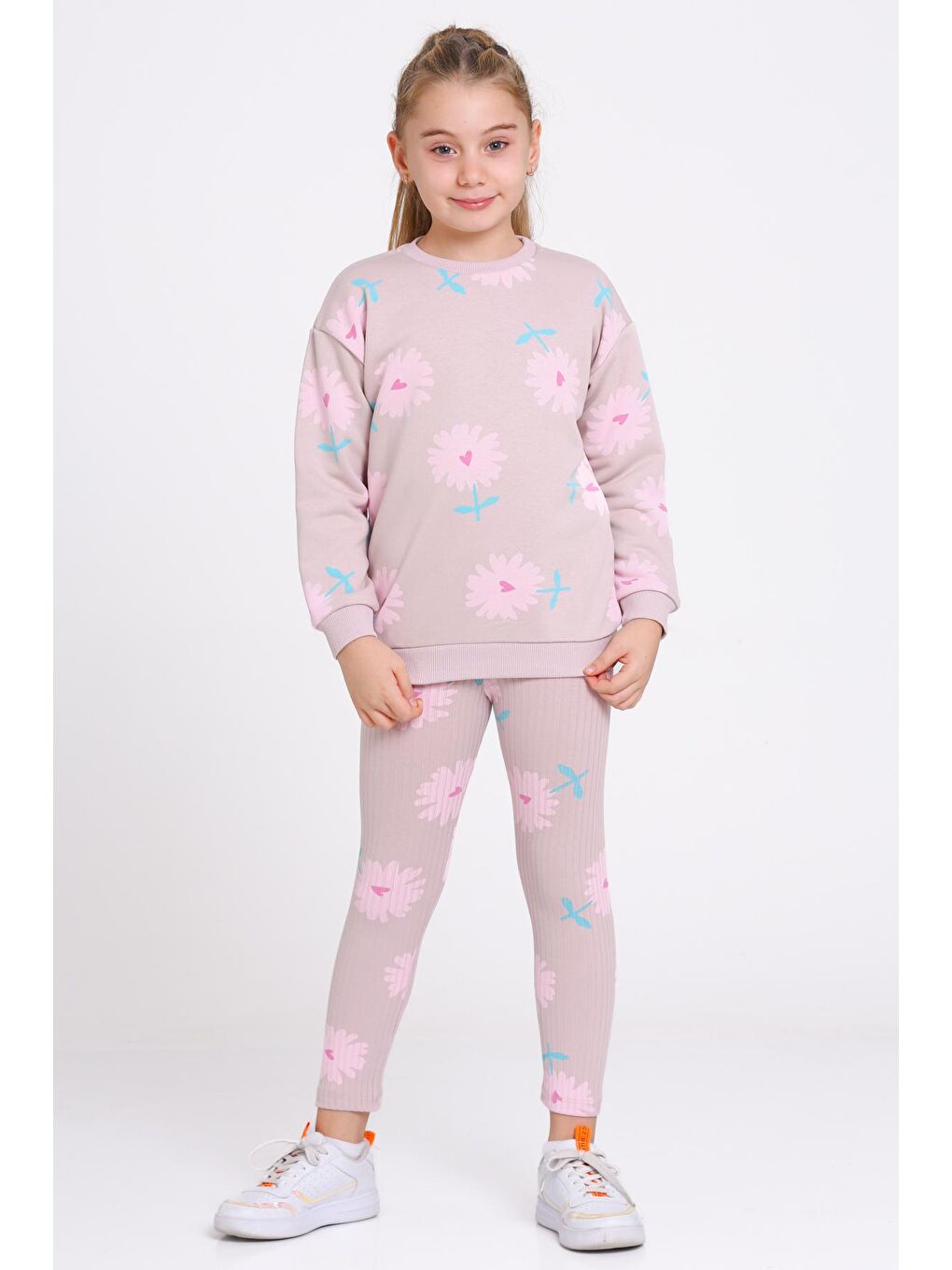 Pembe Kız Çocuk Gül Kurusu Kalpli Papatya Desenli 3-7 Yaş Takım - 23275-1