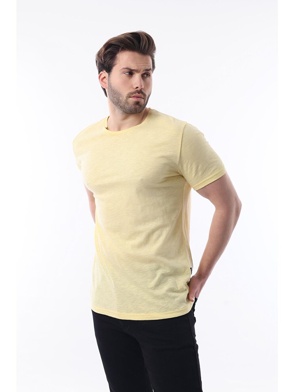 Erkek Sarı Basic %100 Pamuk Tişört 5268