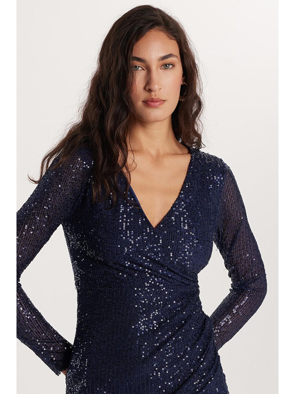 Kadın Slim Fit Dar Kesim Uzun Kol Lacivert V Yaka Mini Boy Elbise-1