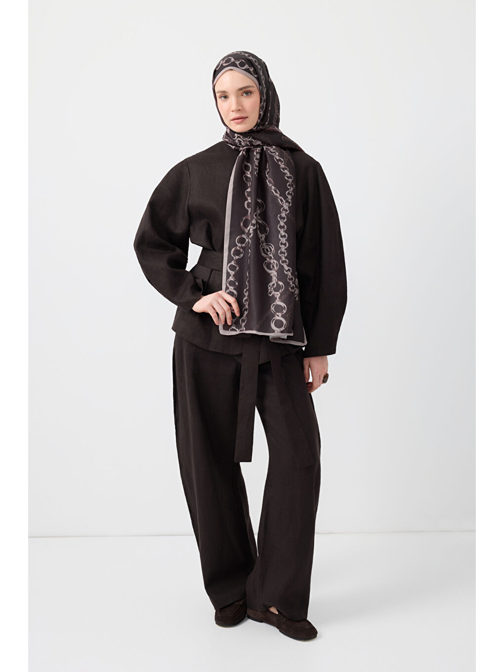 Kahverengi Pamuk Twill Şal Loop Line Kahve-3