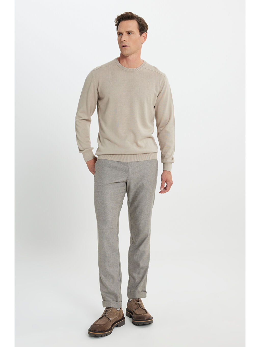 Erkek Bej Yünlü Sıcak Tutan Standart Fit Normal Kesim Bisiklet Yaka Triko Kazak-1