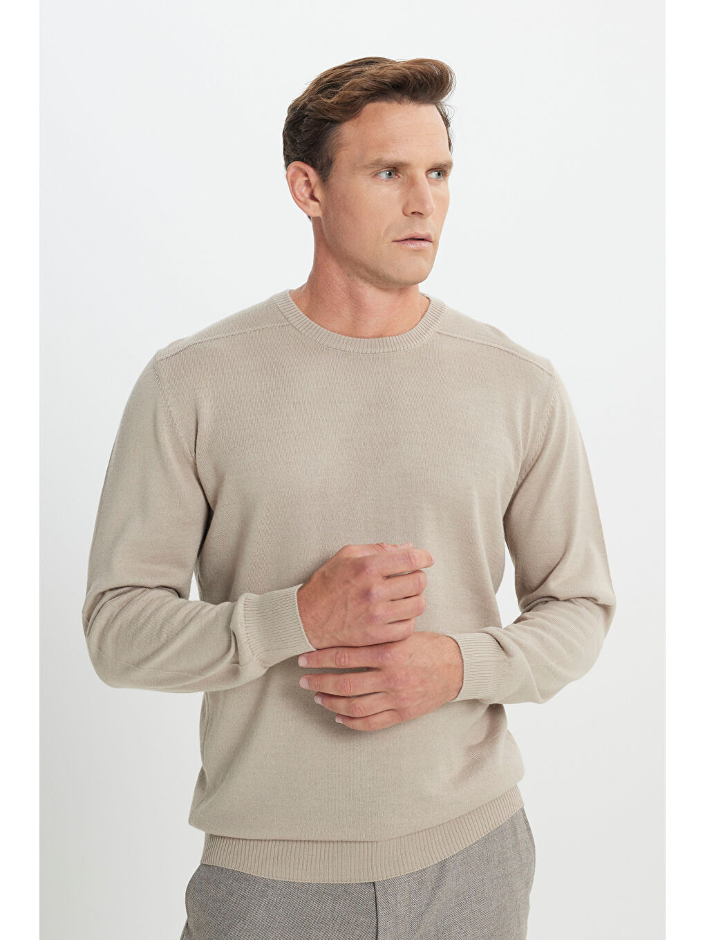 Erkek Bej Yünlü Sıcak Tutan Standart Fit Normal Kesim Bisiklet Yaka Triko Kazak-2