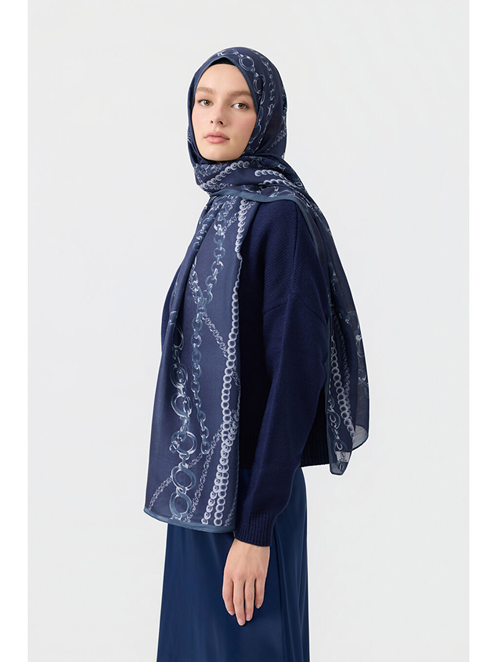 Pamuk Twill Şal Loop Line Lacivert-1