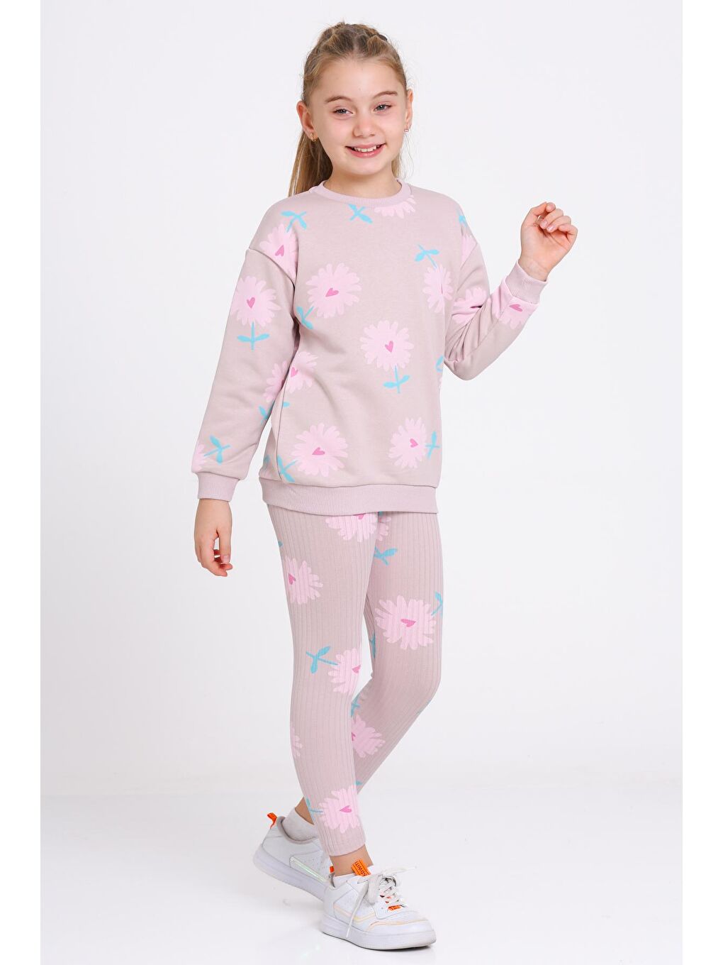 Pembe Kız Çocuk Gül Kurusu Kalpli Papatya Desenli 3-7 Yaş Takım - 23275-1-1