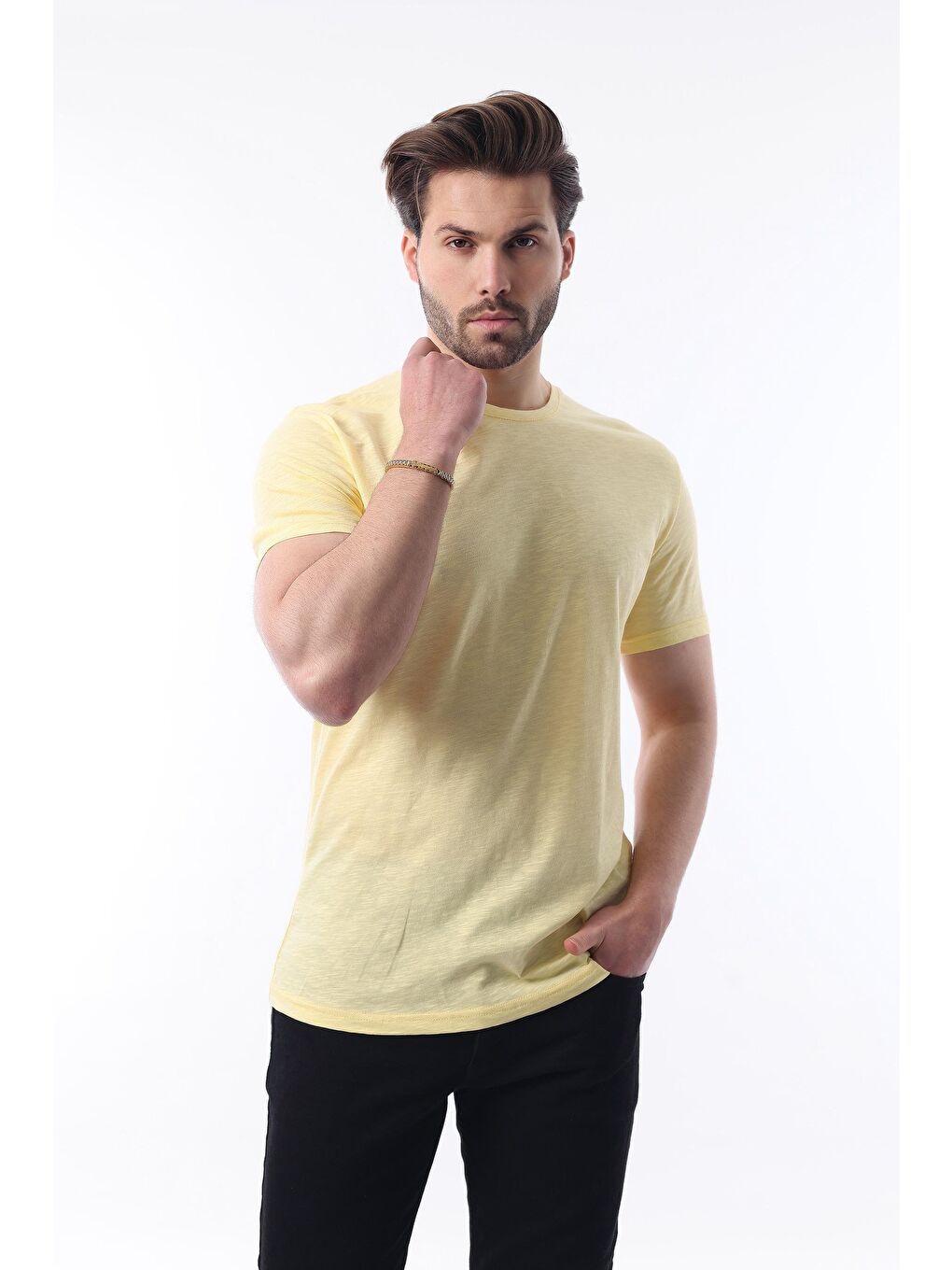 Erkek Sarı Basic %100 Pamuk Tişört 5268-1