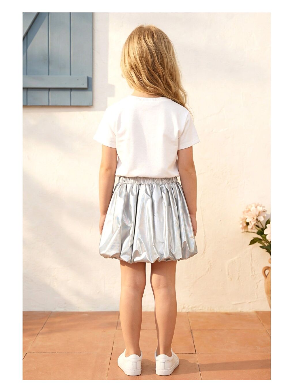 Kız Çocuk Pamuklu Beyaz Gümüş Fiyonk Detaylı Tişört Etek Takım-3
