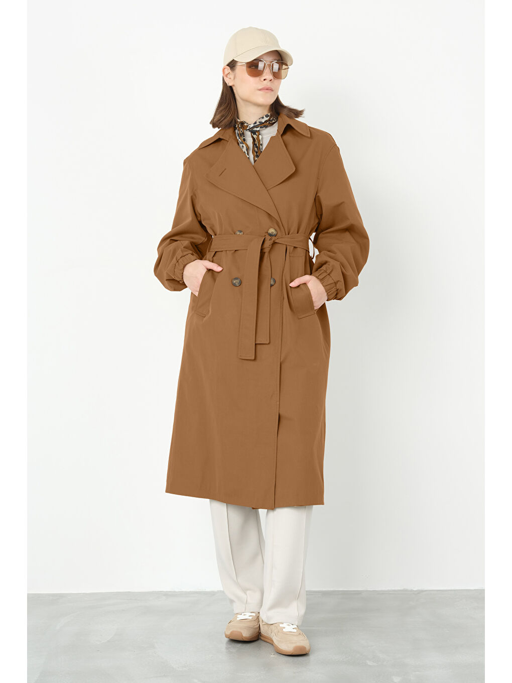Kahverengi Kolu Lastikli Trençkot Taba-1