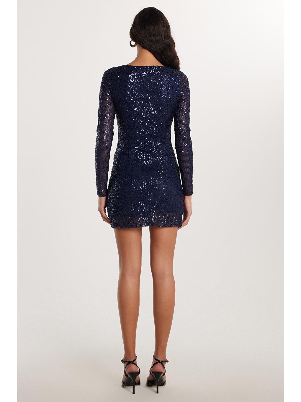 Kadın Slim Fit Dar Kesim Uzun Kol Lacivert V Yaka Mini Boy Elbise-4