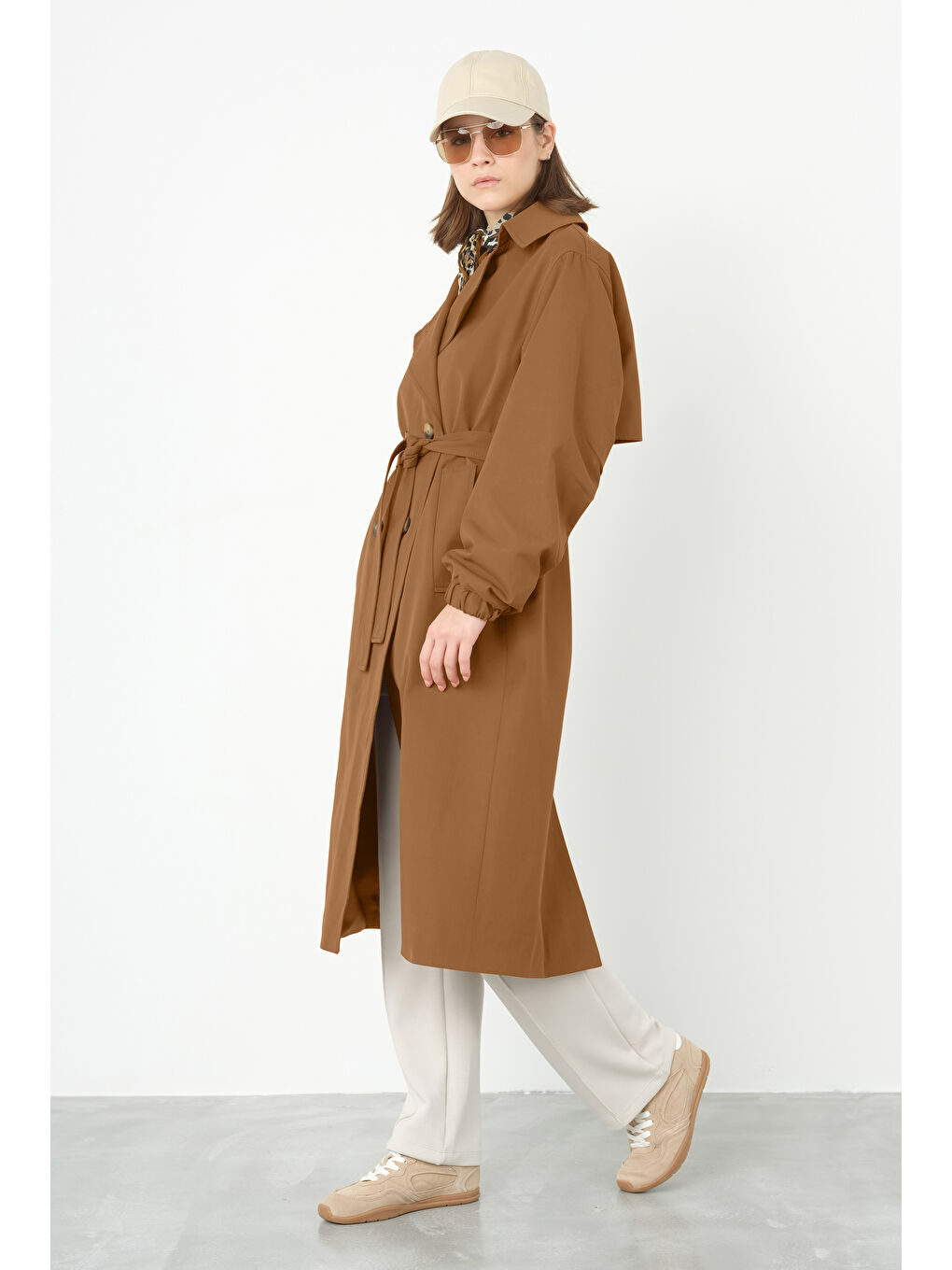 Kahverengi Kolu Lastikli Trençkot Taba-2