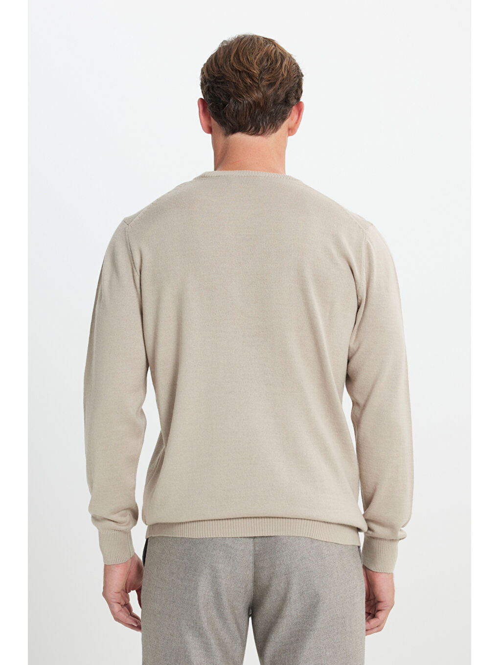 Erkek Bej Yünlü Sıcak Tutan Standart Fit Normal Kesim Bisiklet Yaka Triko Kazak-4