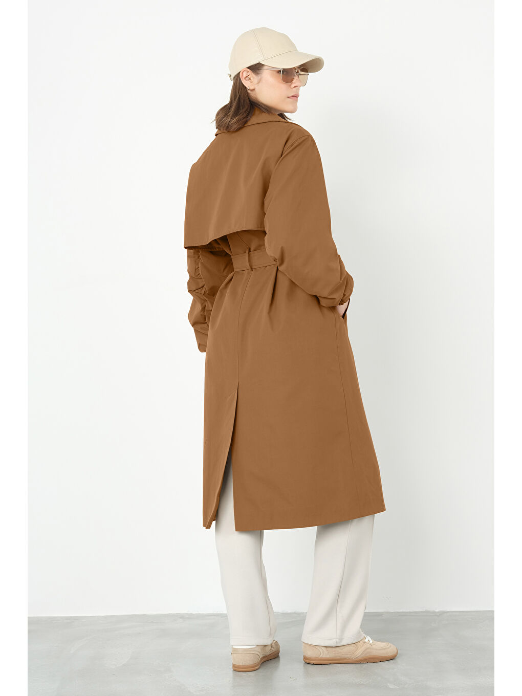 Kahverengi Kolu Lastikli Trençkot Taba-4
