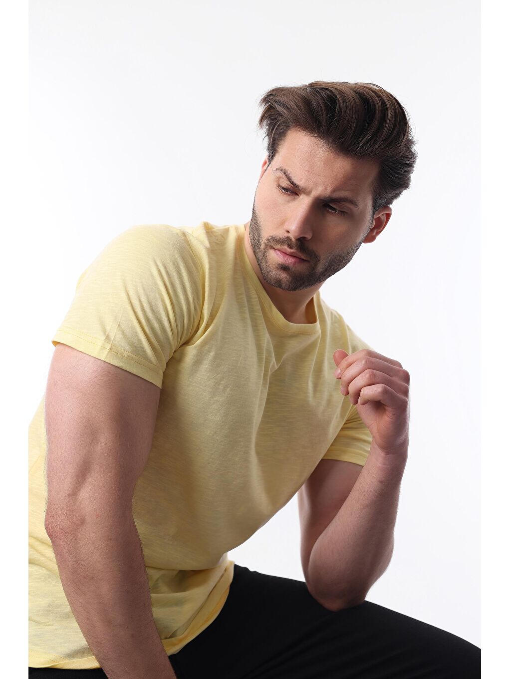Erkek Sarı Basic %100 Pamuk Tişört 5268-2