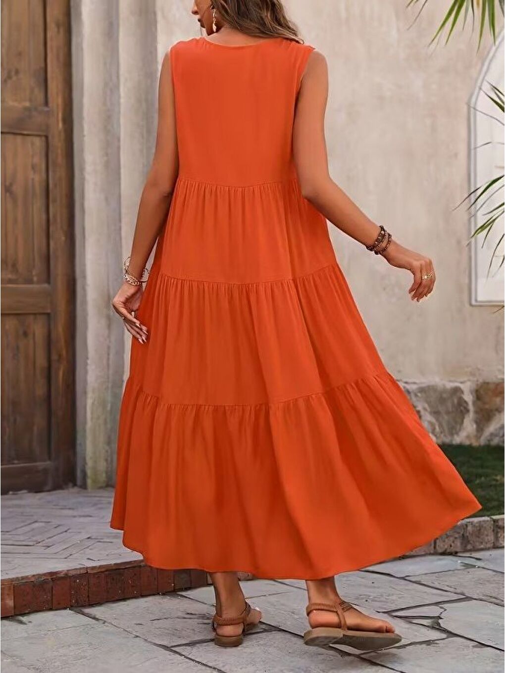 Turuncu Kadın Askılı V Yakalı Uzun Dokuma Viskon Elbise-3