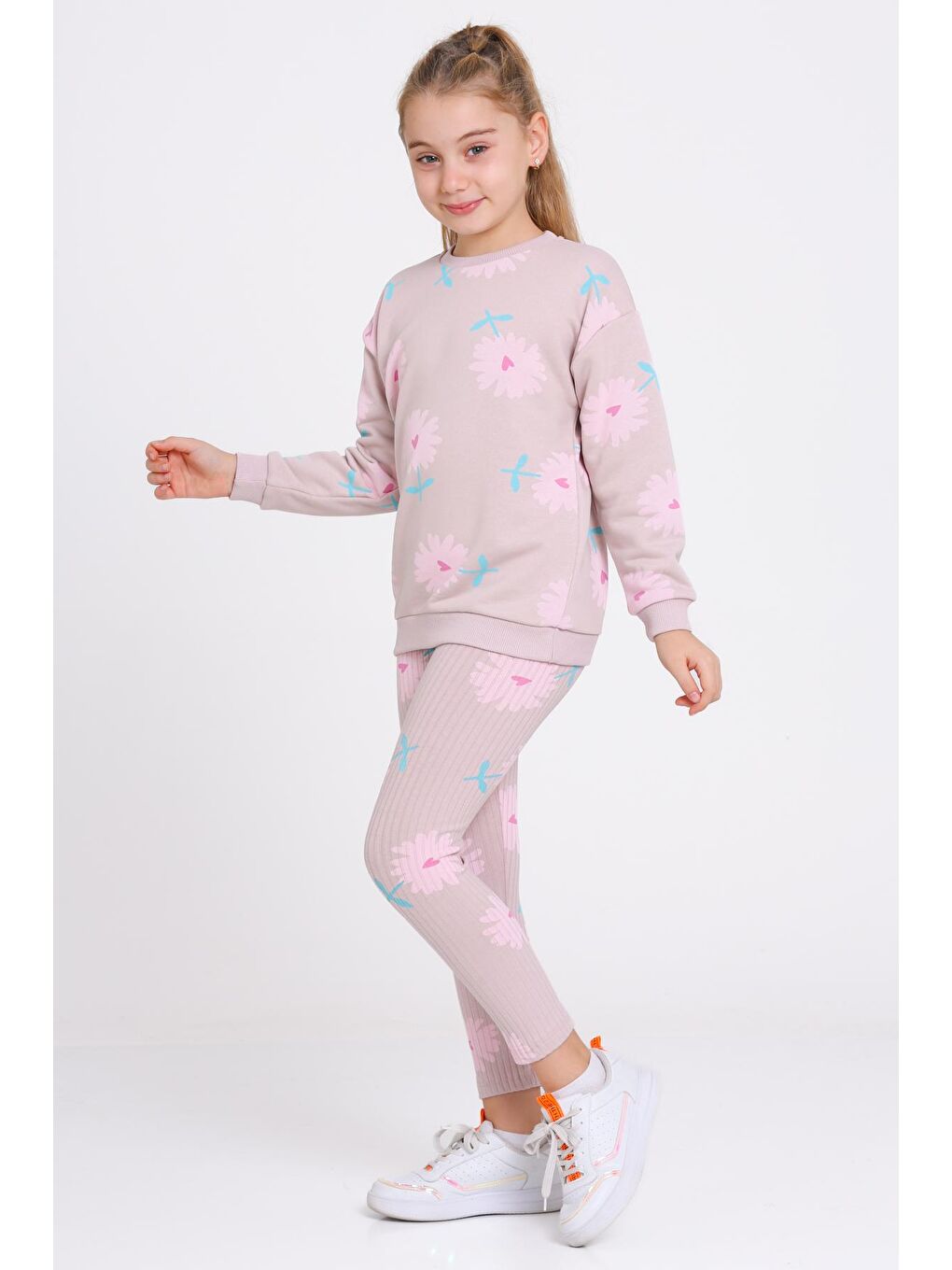 Pembe Kız Çocuk Gül Kurusu Kalpli Papatya Desenli 3-7 Yaş Takım - 23275-1-2