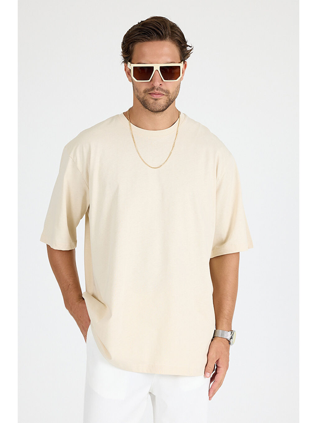 Ekru Erkek Timeless Oversize Krem T-Shirt-1