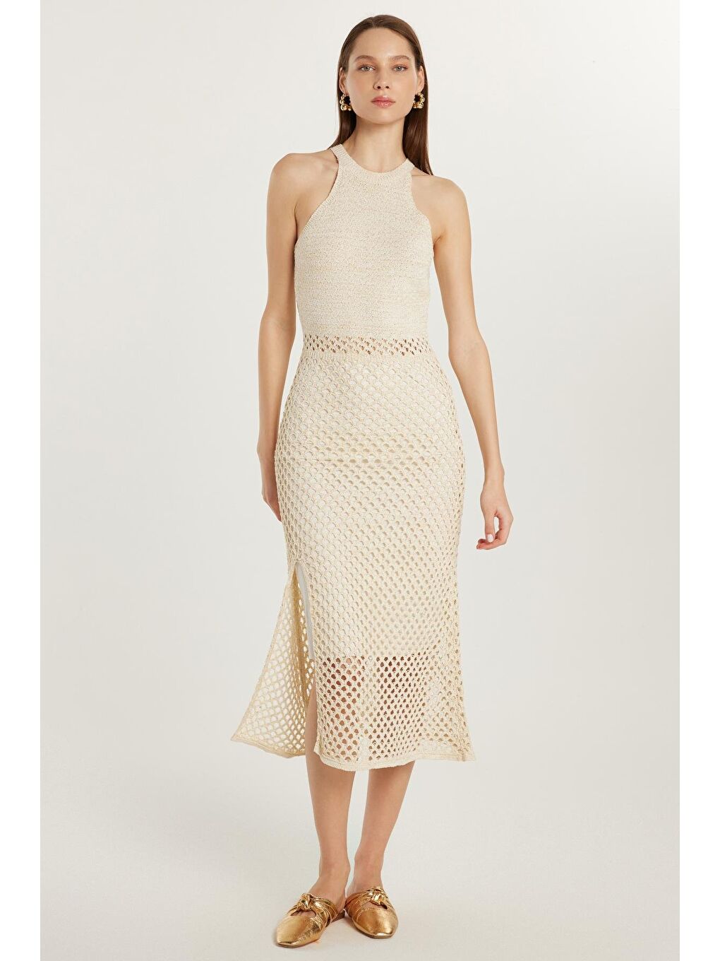 Kadın Standart Fit Örme Detaylı Bisiklet Yaka Ekru Elbise