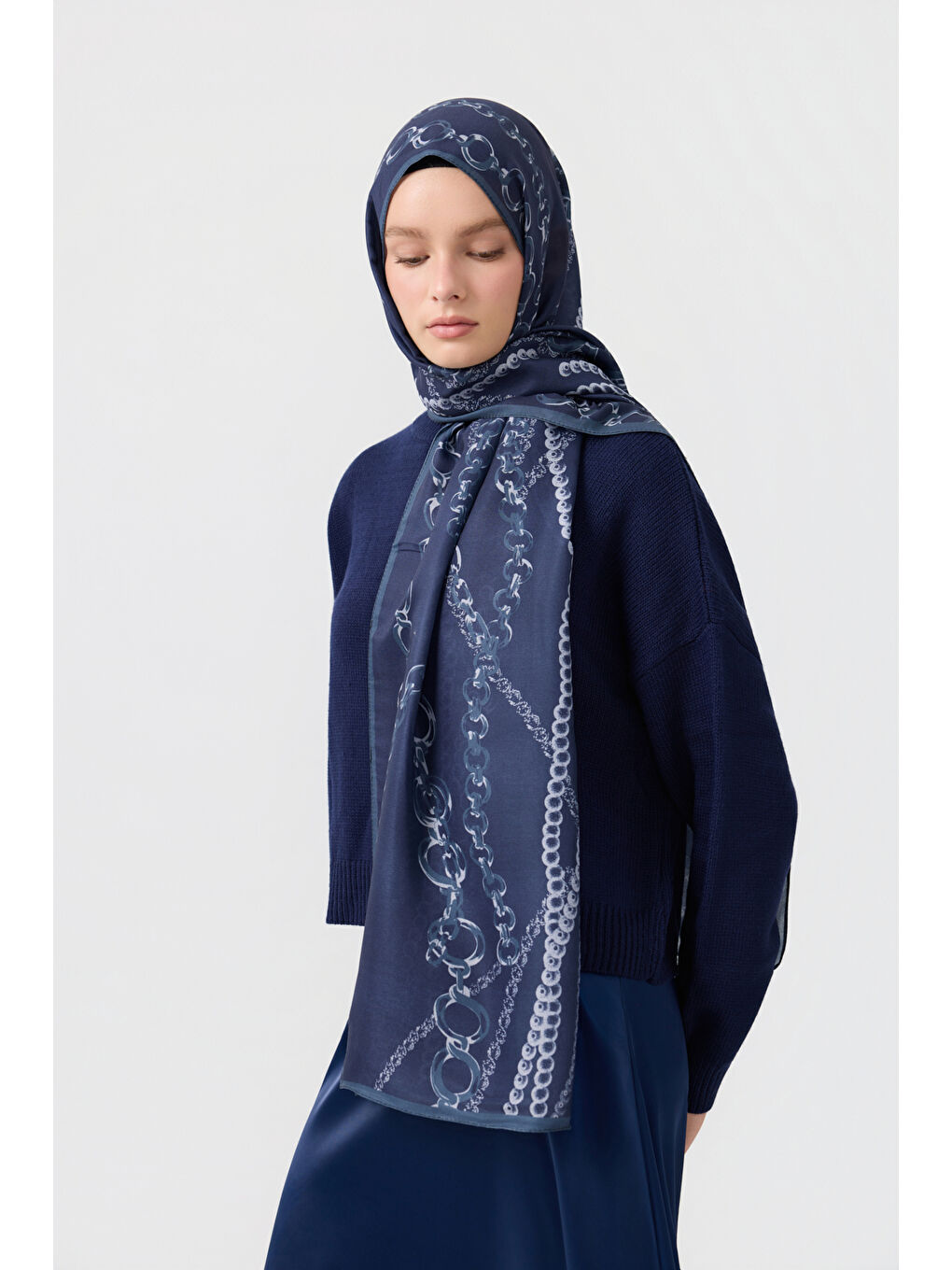 Pamuk Twill Şal Loop Line Lacivert-3